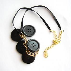 Black Necklace Handmade Of Large Vintage Buttons..