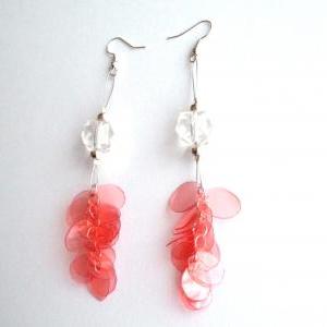 Red Long Earrings Handmade Of Recycled Plastic..