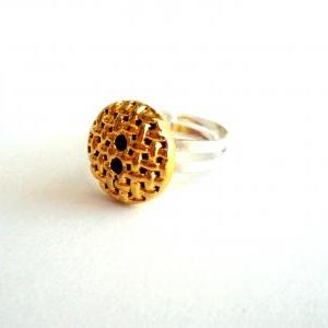 Adjustable Ring Handmade Of Golden Vintage Button,..