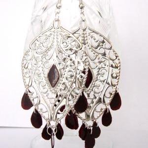Red Filigree Chandelier Earrings Decorated With..