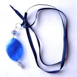 Blue Pendant Necklace Handmade Of Recycled Plastic..