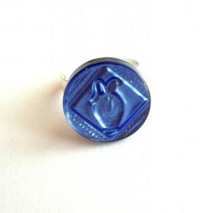 Deep Blue Adjustable Ring Made Of Vintage Button..