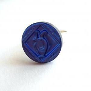 Deep Blue Adjustable Ring Made Of Vintage Button..