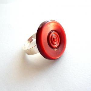 Adjustable Ring Made Of Big Red Vintage Buttons -..