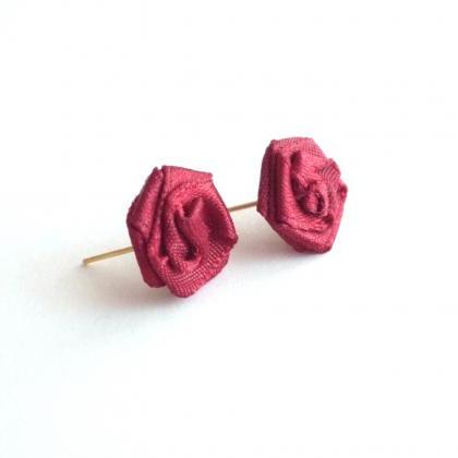Red Rose Stud Earrings Recycled Fabric Textile..