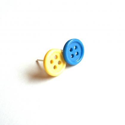 Buttons Post Earrings Yellow Blue Handmade Of..