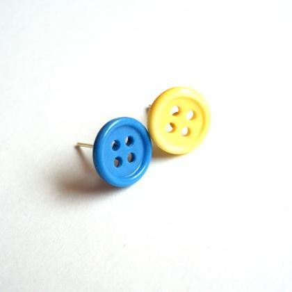 Buttons Post Earrings Yellow Blue Handmade Of..