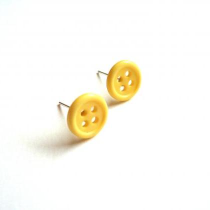 Yellow Post Earrings Made Of Repurposed Buttons -..