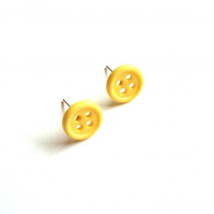 Yellow Post Earrings Made Of Repurposed Buttons -..