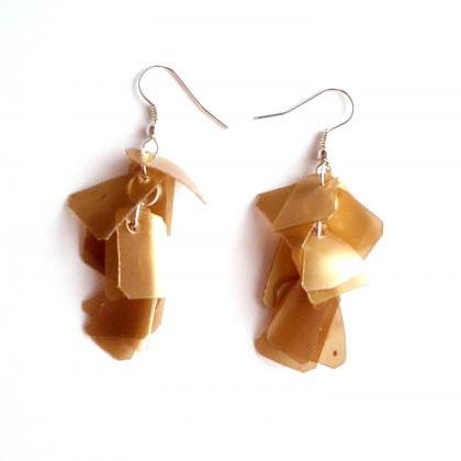 Golden Brown Earrings Handmade Of Recycled Plastic..