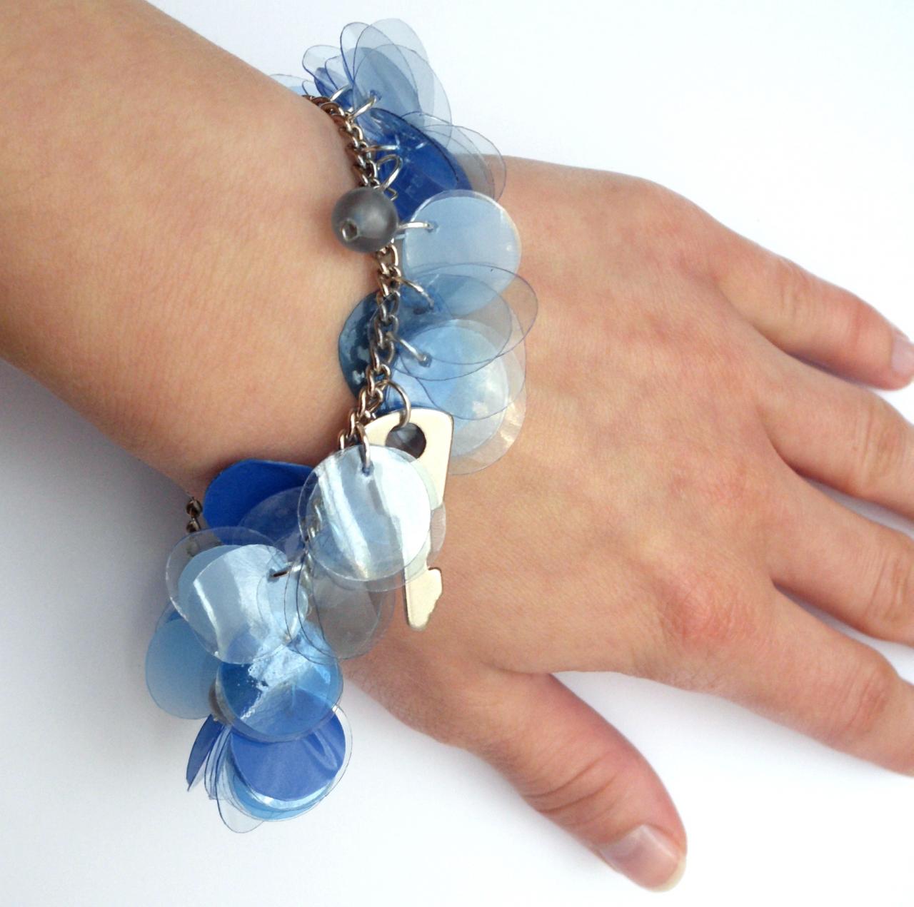 Blue Charm Bracelet Made Of Recycled Plastic Bottles And Blue Beads - Upcycled Jewelry, Eco Friendly, Eco Chic, Boho