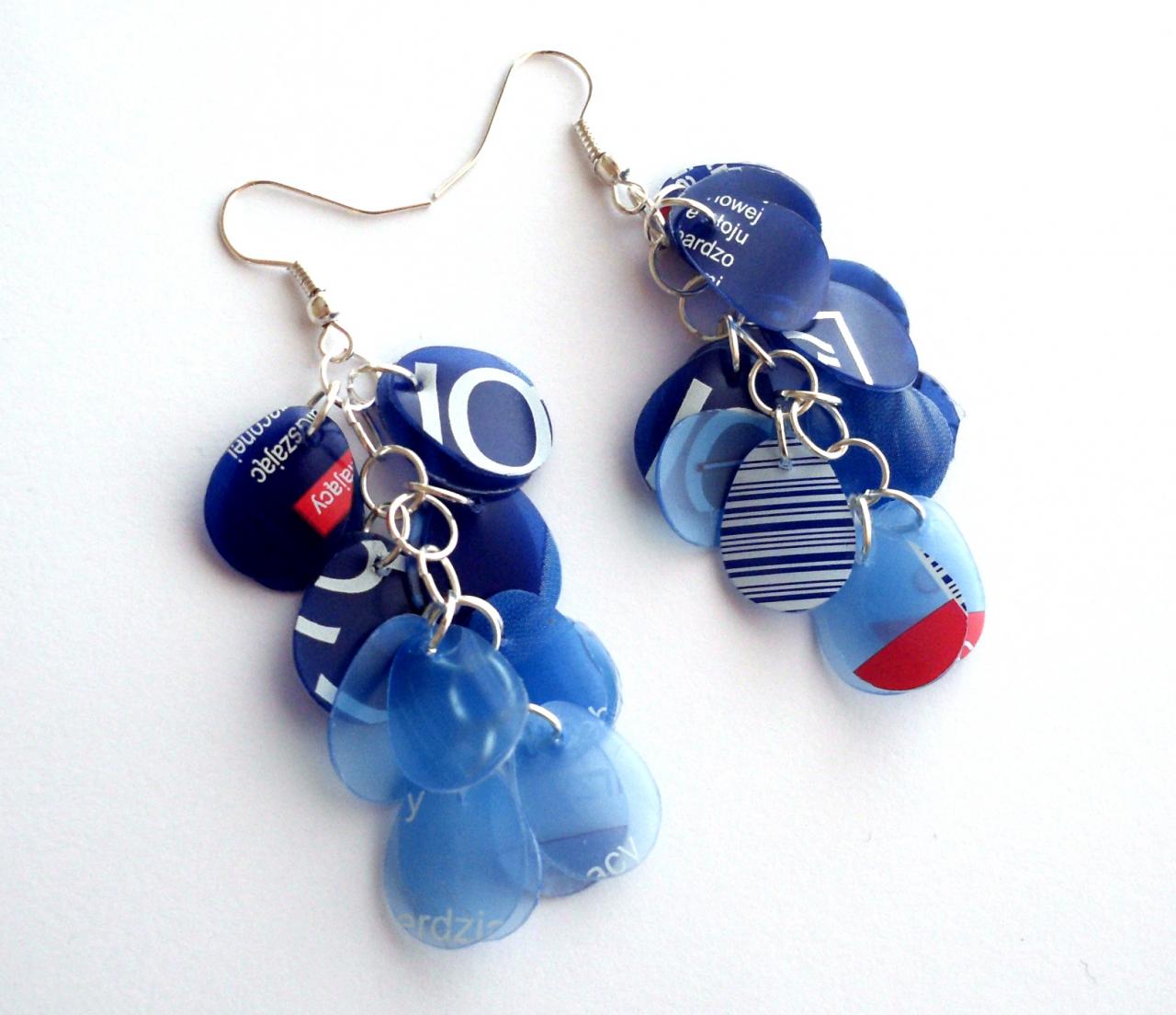 Blue Long Ecofriendly Earrings Made Of Recycled Plastic Bottle - Upcycled Jewelry, Sustainable, Modern