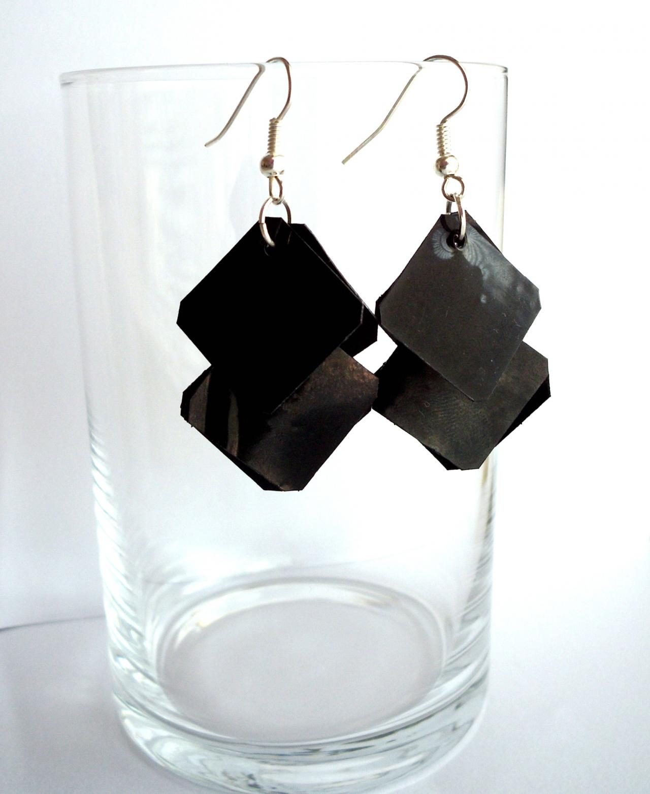 Black Earrings Made Of Recycled Plastic Bottle, Eco-friendly, Upcycled Jewelry, Goth, Modern, Rocker, Minimalist