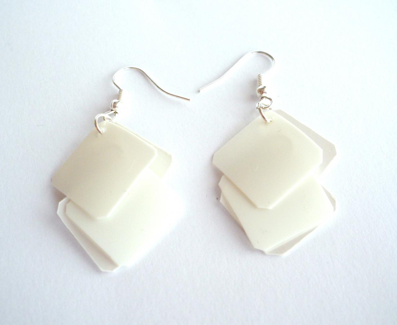 White Earrings Made Of Recycled Plastic Bottle - Geometric, Squares, Eco Friendly, Upcycled Jewelry, Modern, Minimalist