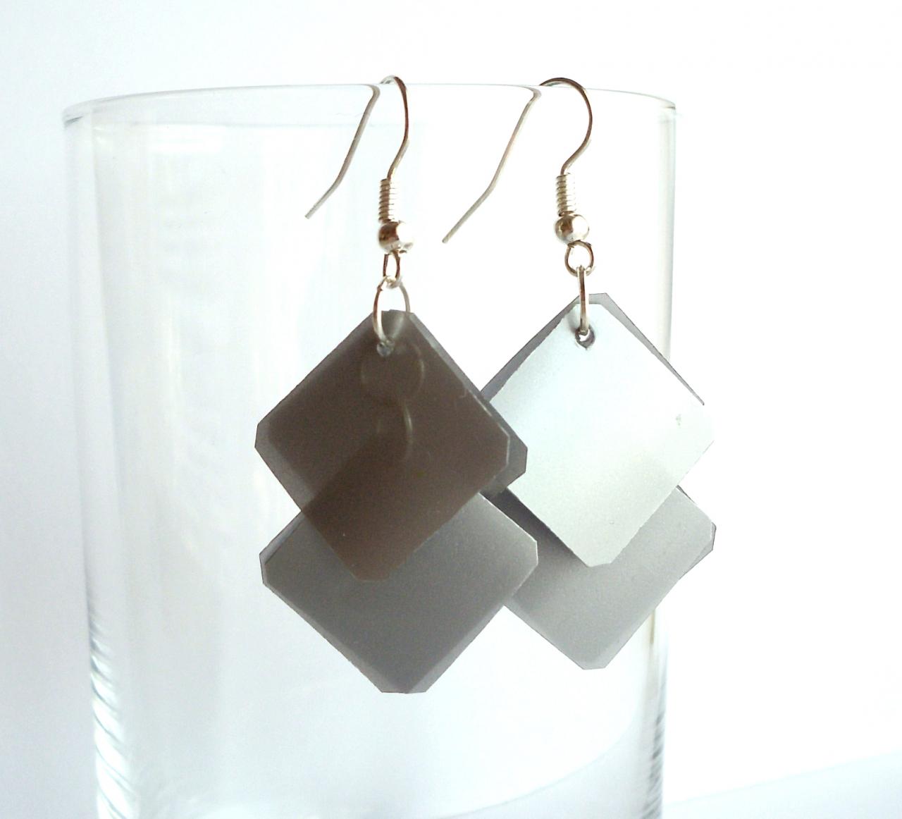 Silver Earrings Made Of Recycled Plastic Bottle - Upcycled Jewelry, Eco-friendly, Geometric, Squares, Minimalist, Modern