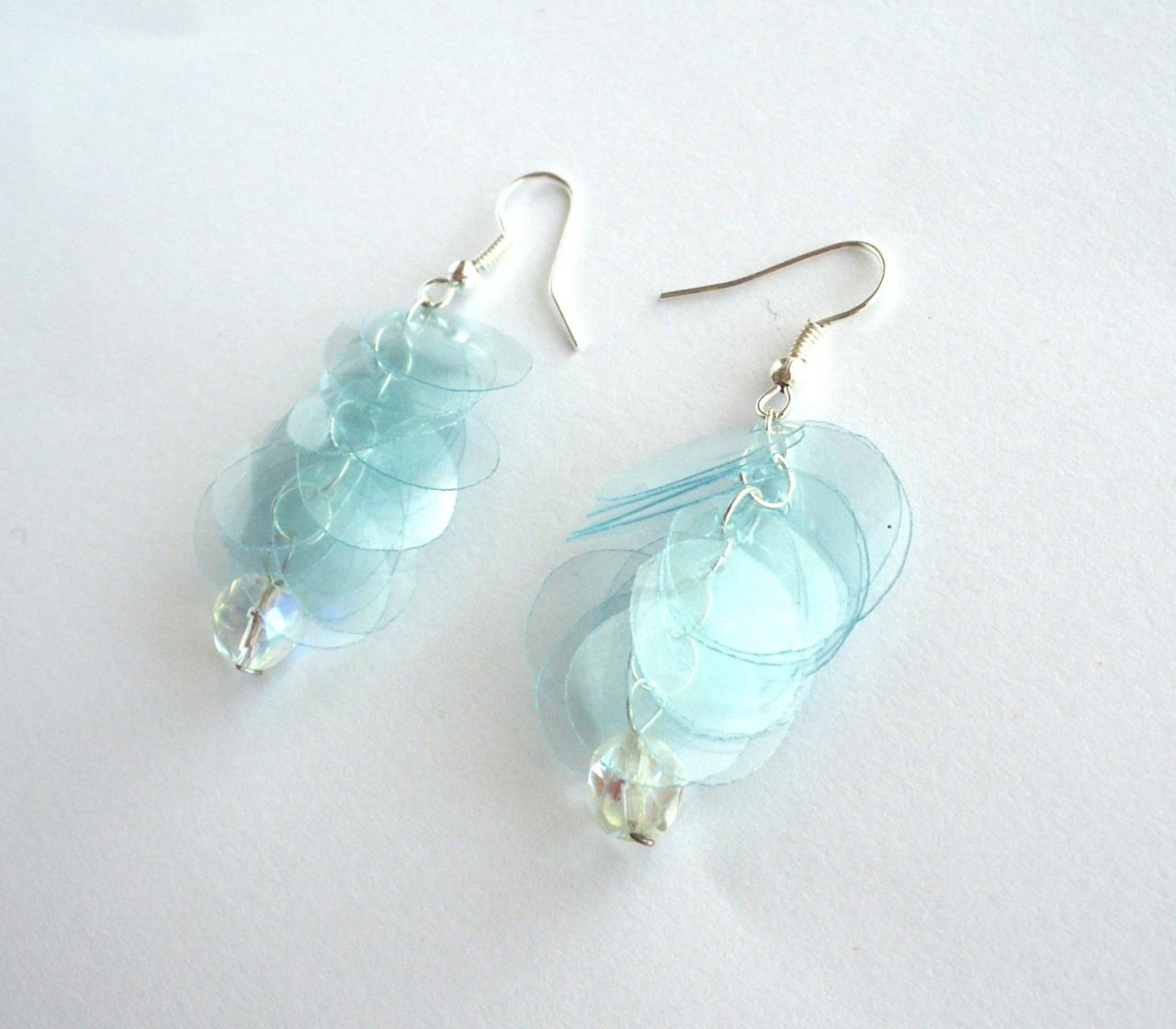 Lovely Mint Green Earrings Made Of Recycled Plastic Bottle & Repurposed Glass Bead - Upcycled Jewelry, Eco-friendly, Blue