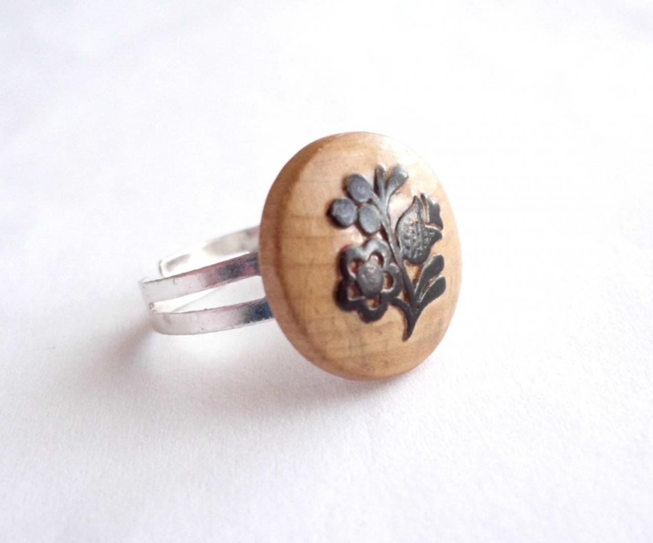 Wooden Adjustable Ring Made Of Recycled Vintage Button With Flower Pattern - Upcycled Jewelry, Natural, Rustic, Eco-friendly, Folk
