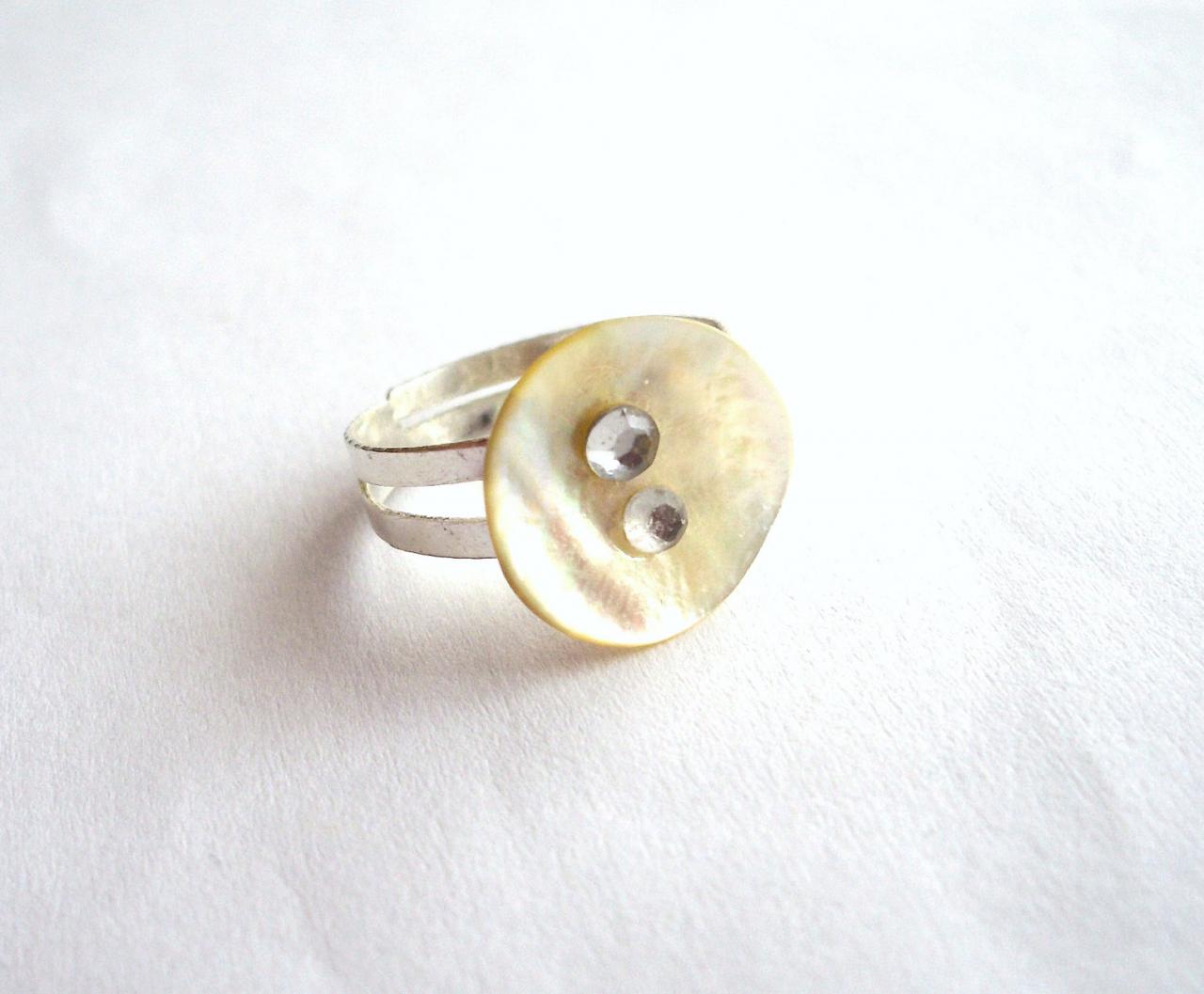 Adjustable Ring Made Of Vintage Pearl White Buttons With Tiny Rhinestones - Upcycled Jewelry, Soft, Pastel, Cream