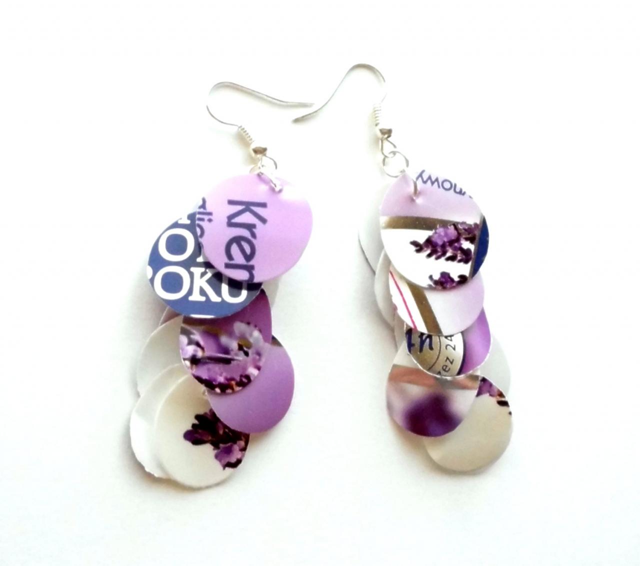 Lilac Dangle Long Earrings Made Of Recycled Plastic Eco-friendly Upcycled Jewelry Lavender Purple Violet