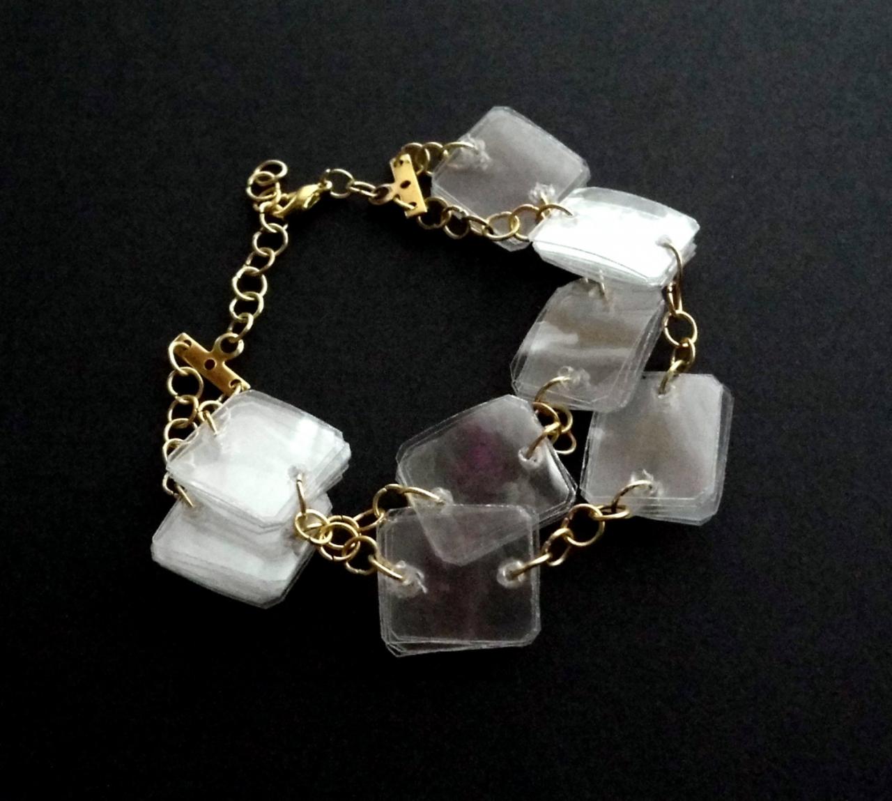 Upcycled Jewelry Eco-friendly Bracelet Made Of Recycled Plastic Bottles, White & Gold, Geometric, Modern