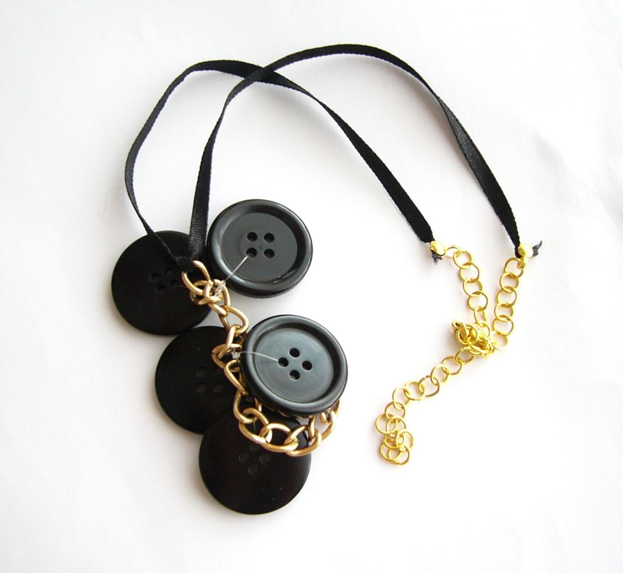Black Necklace Handmade Of Large Vintage Buttons And Golden Chains, Upcycled Jewelry, Recycled, Repurposed, Handcrafted, Ooak, Gothic