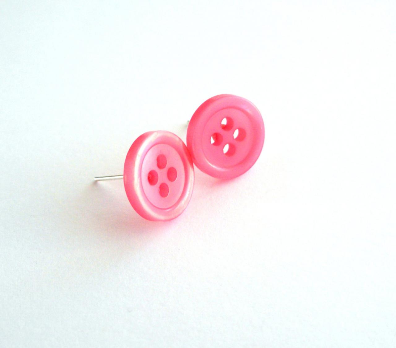 Neon Pink Post Earrings Handmade Of Vintage Buttons - Funny, Eyecatching, Ecofriendly - Upcycled Jewelry, Buttons Earrings
