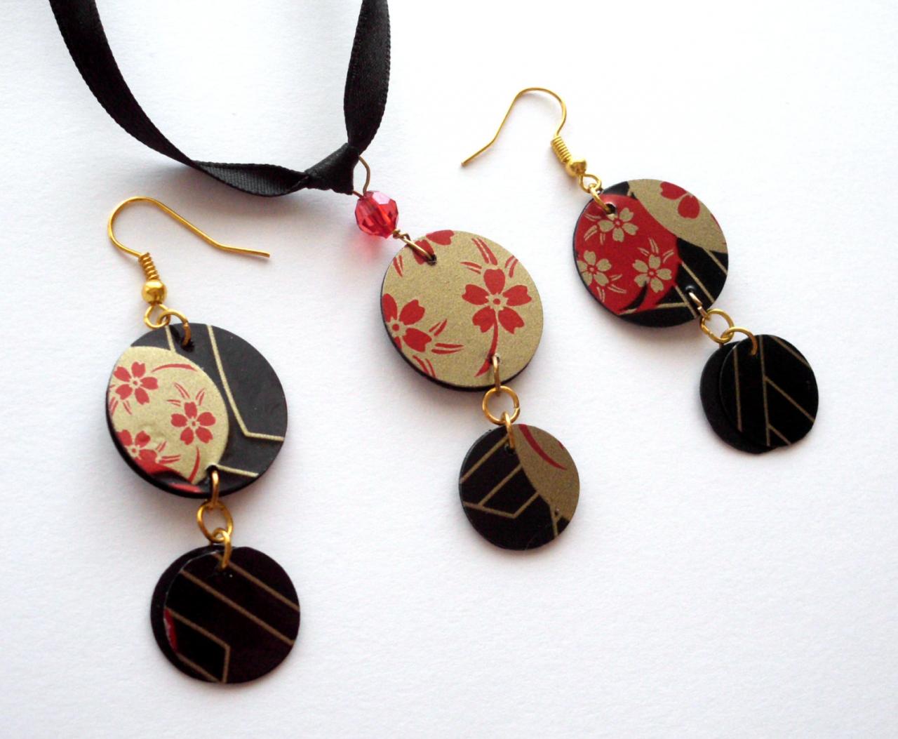 Japanese Jewelry Set Handmade Of Recycled Plastic Sushi Plate Oriental Floral Pattern Black Red Gold Gothic, Upcycled Jewelry, Recycled,