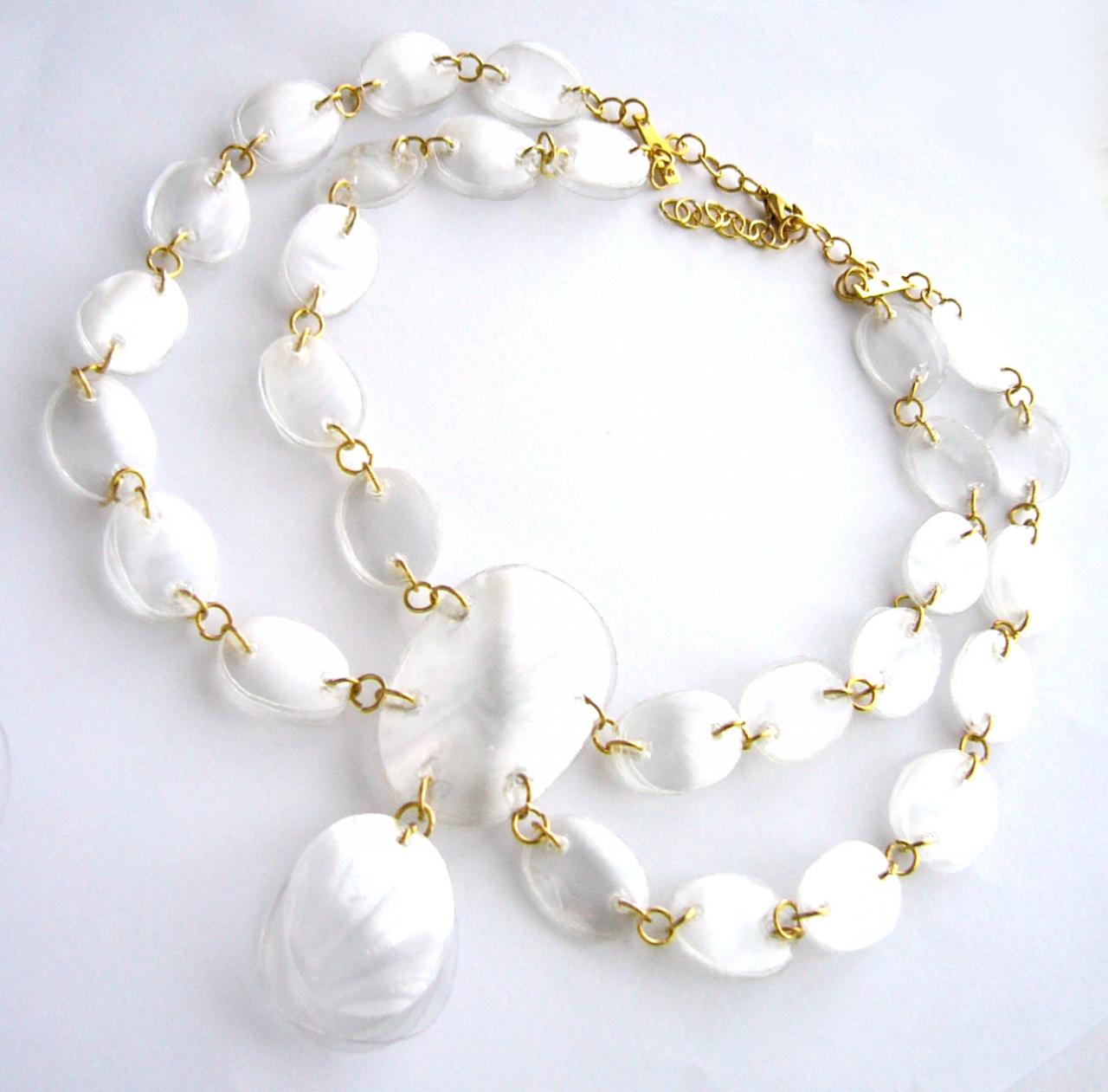 White & Gold Statement Necklace Handmade Of Recycled Plastic Bottles - Upcycled, Handcrafted Jewelry, Chunky Necklace