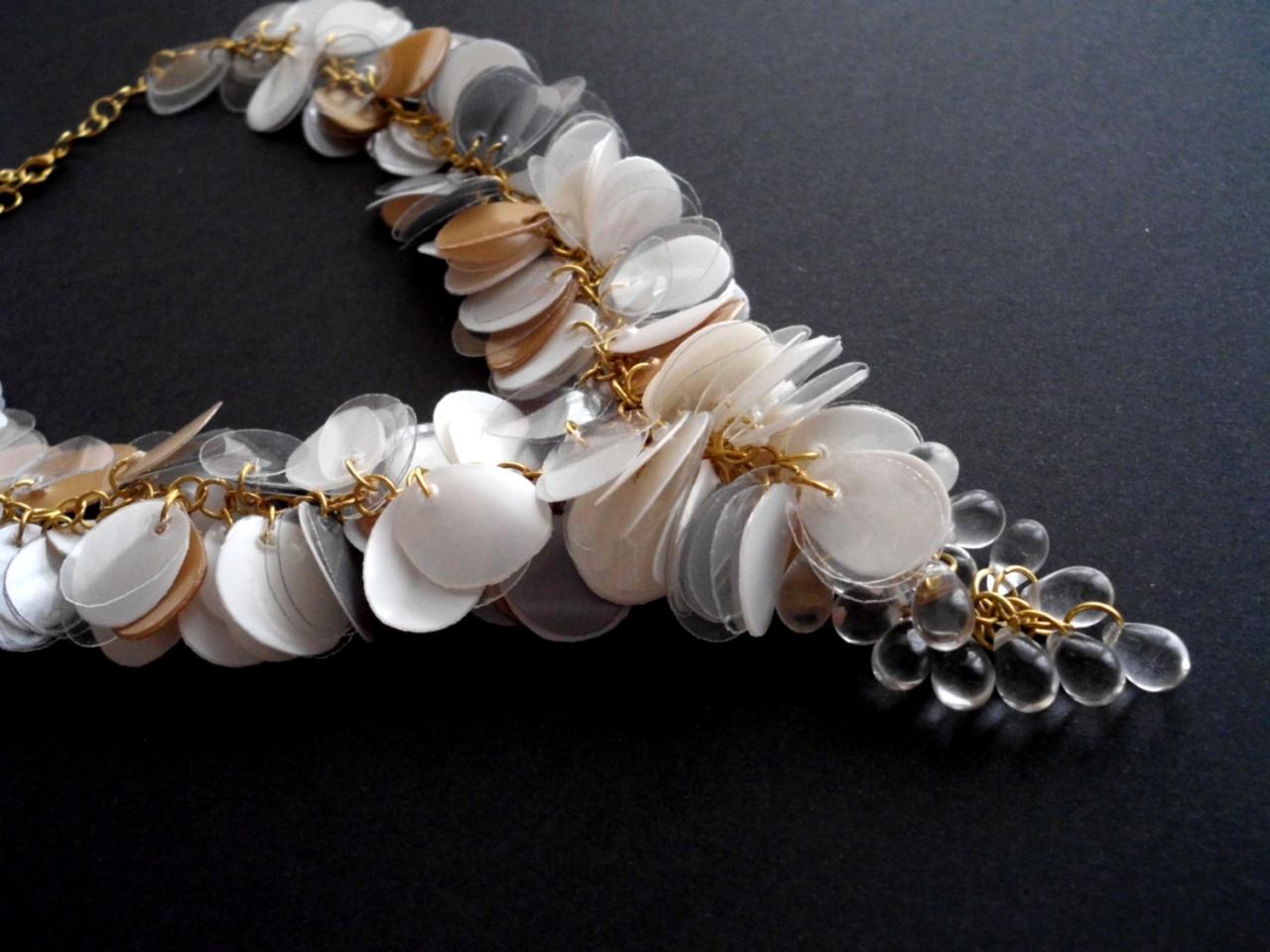 Statement Necklace Made Of Recycled Plastic Bottles - Upcycled Jewelry, Eco-friendly, Golden & White