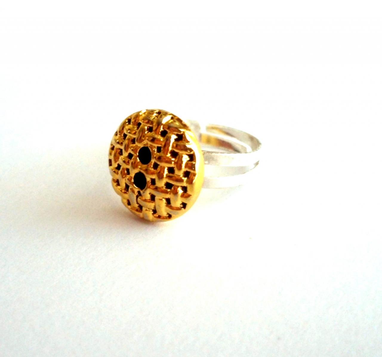 Adjustable Ring Handmade Of Golden Vintage Button, Ooak, Recycled, Upcycled, Repurposed, Boho, Ecofriendly