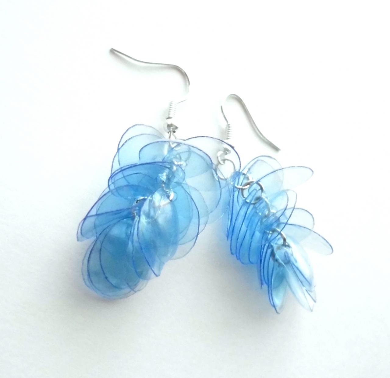 Blue Earrings Made Of Recycled Plastic Water Bottle - Upcycled Jewelry, Eco-friendly, Sustainable, Repurposed, Reclaimed Plastic