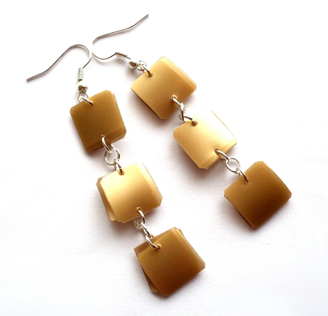 Golden Long Earrings Made Of Recycled Plastic Squares - Upcycled Jewelry, Modern, Geometric, Ecofriendly, Brown, Boho