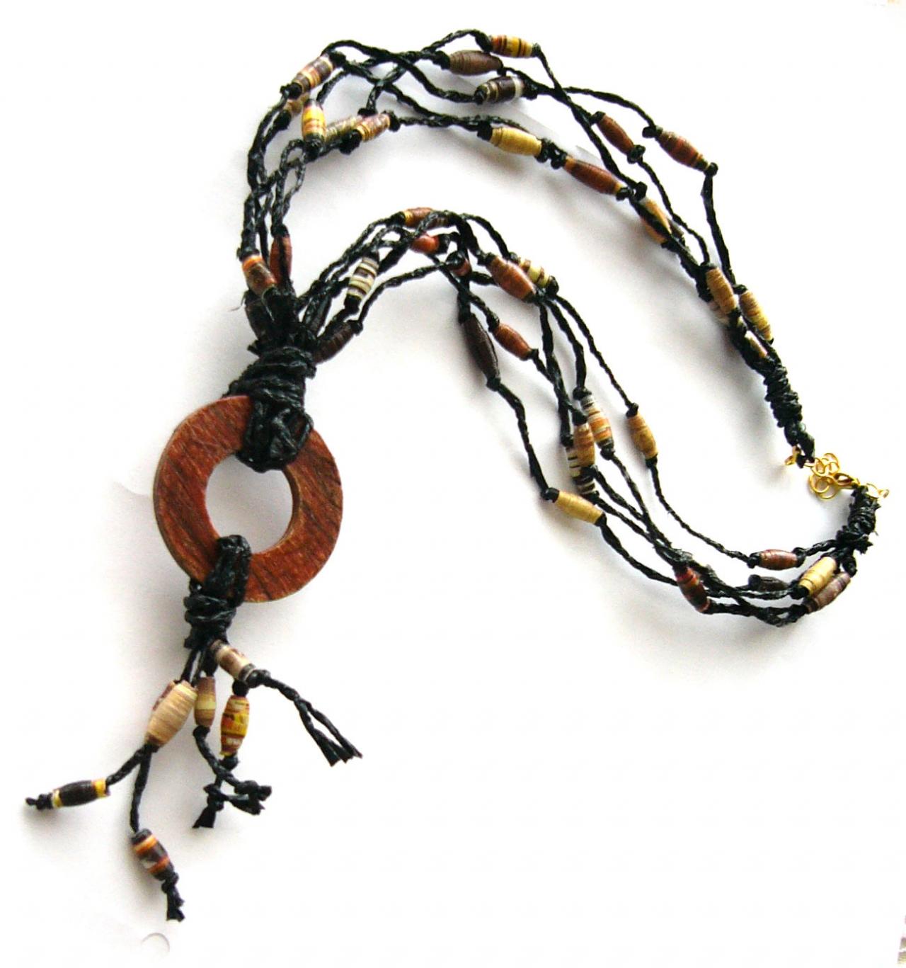 Brown & Black Statement Necklace Made Of Paper Beads And Recycled Plastic Bags, Eco-friendly, Upcycled Jewelry, Boho, Rustic, Natural