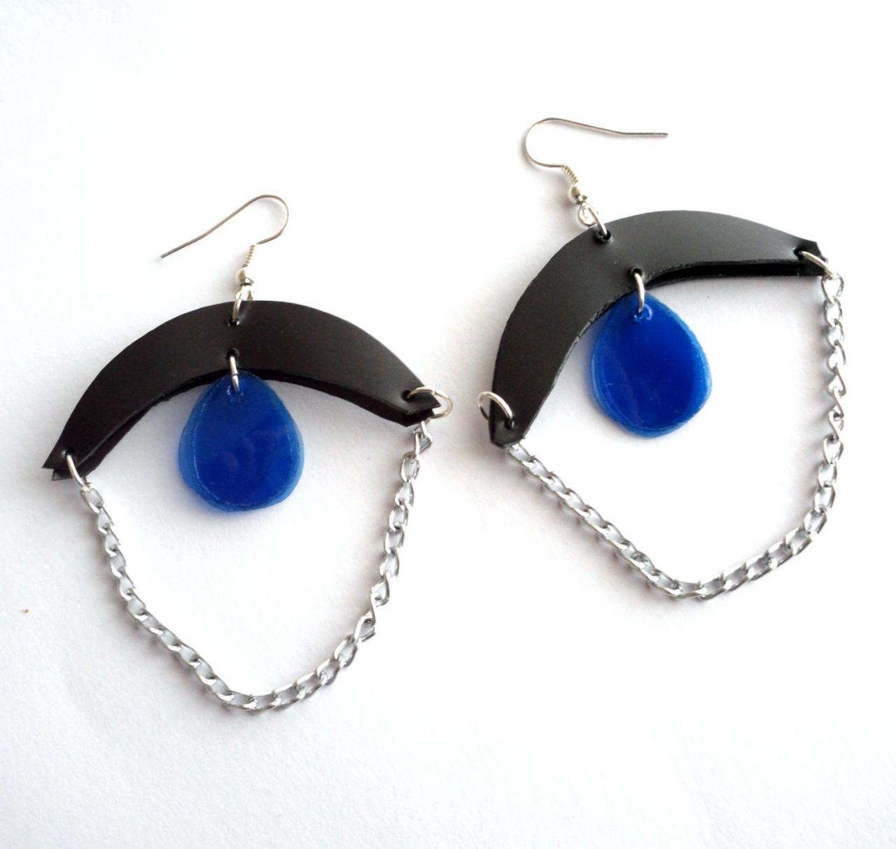 Blue & Black Upcycled Jewelry Set: Earrings And Necklace, Crescent Moon, Handmade Of Recycled Plastic Bottles With Silver Chain, Goth,