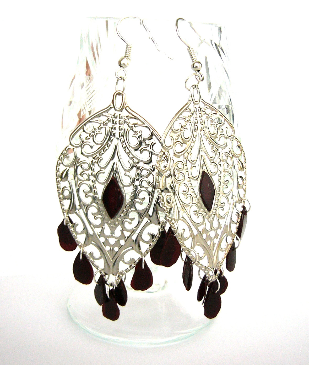 Red Filigree Chandelier Earrings Decorated With Recycled Plastic - Upcycled Jewelry, Eco-friendly, Gypsy, Boho, Long Earrings