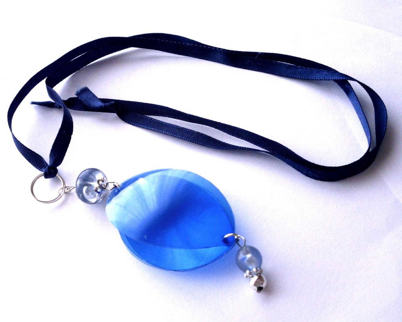 Blue Pendant Necklace Handmade Of Recycled Plastic Bottles On Navy Blue Ribbon - Upcycled Jewelry, Ecofriendly, Repurposed, Cobalt Blue