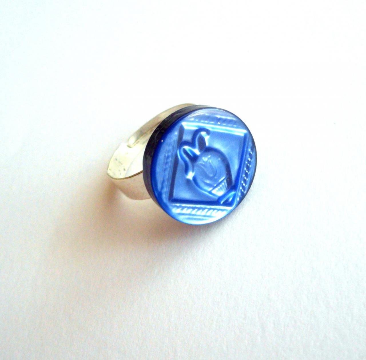 Deep Blue Adjustable Ring Made Of Vintage Button Eco-friendly, Cobalt Blue, Upcycled Jewelry, Recycled Jewelry