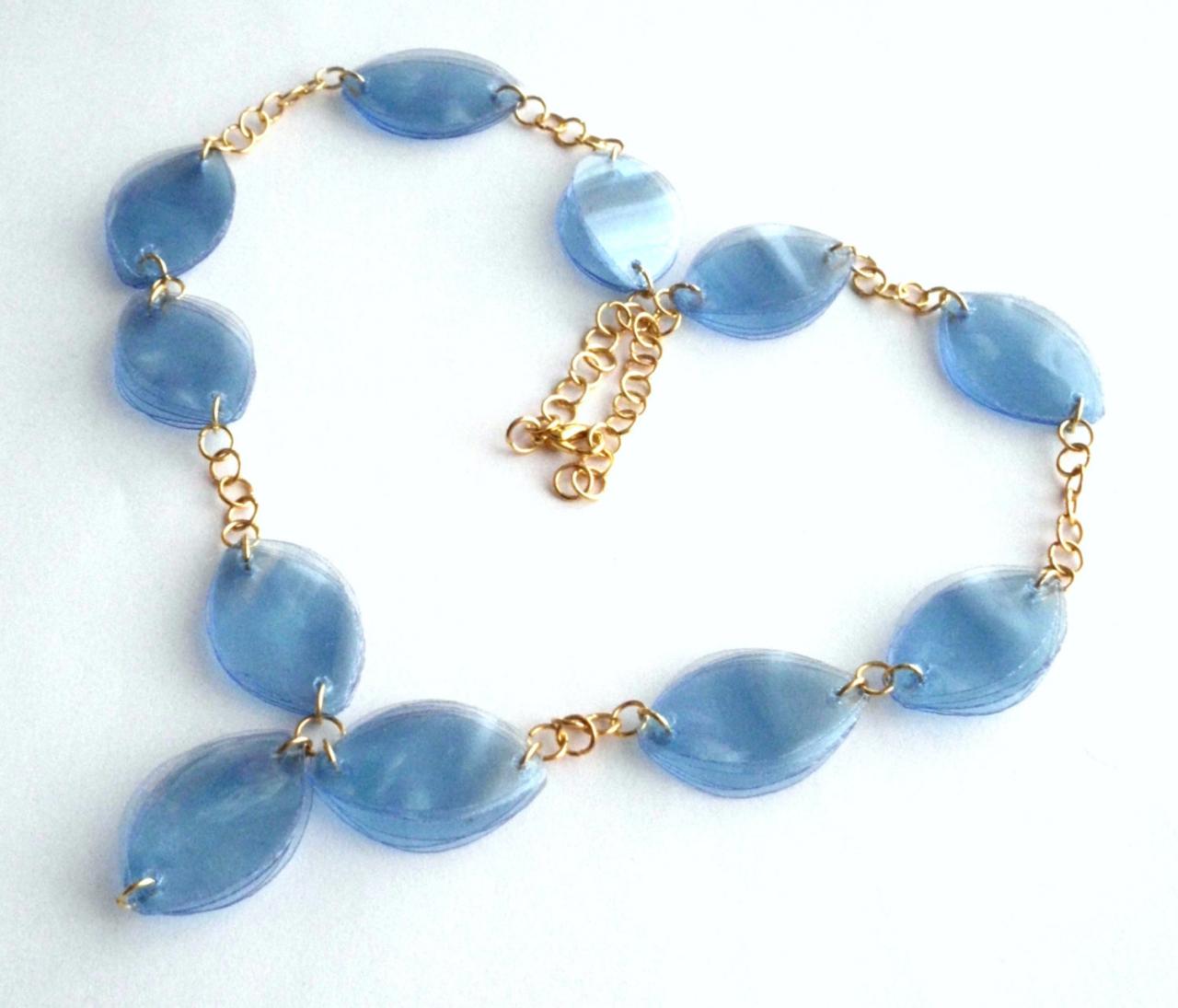 Blue And Gold Statement Necklace Made Of Recycled Plastic Bottles