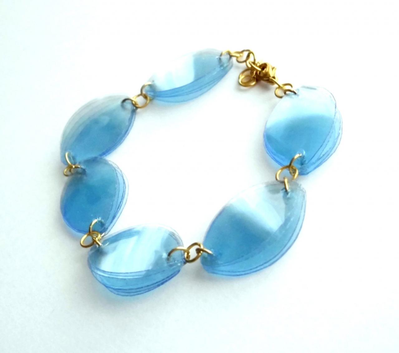 Blue Eco-friendly Bracelet Made Of Recycled Plastic Bottles - Upcycled Jewelry, Golden & Pastel Blue, Eco Chic, Lovely Gift