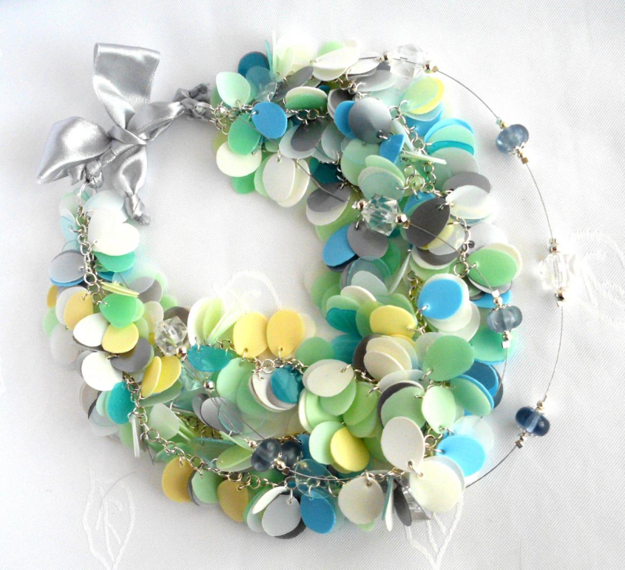 Blue Green White Pastel Statement Necklace Made Of Recycled Plastic Bottles & Silver Ribbon, Upcycled Jewelry, Eco-friendly