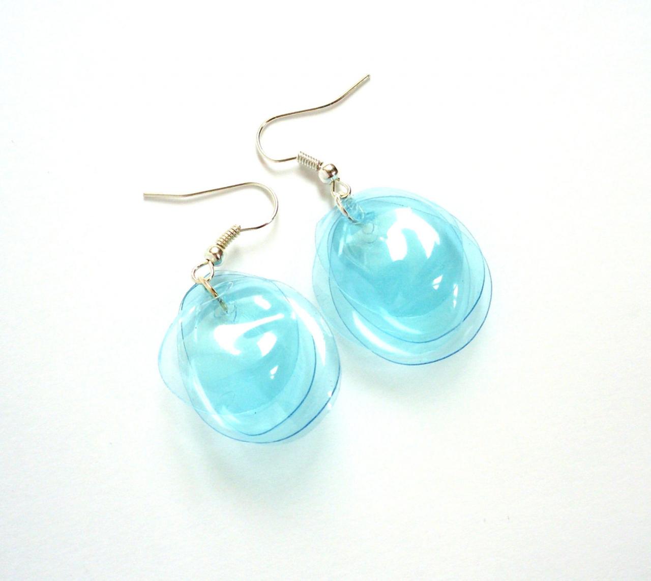 Small Turquoise Earrings Hancrafted Of Recycled Plastic Bottle, Repurposed Upcycled Jewelry, Cyan Blue Earings