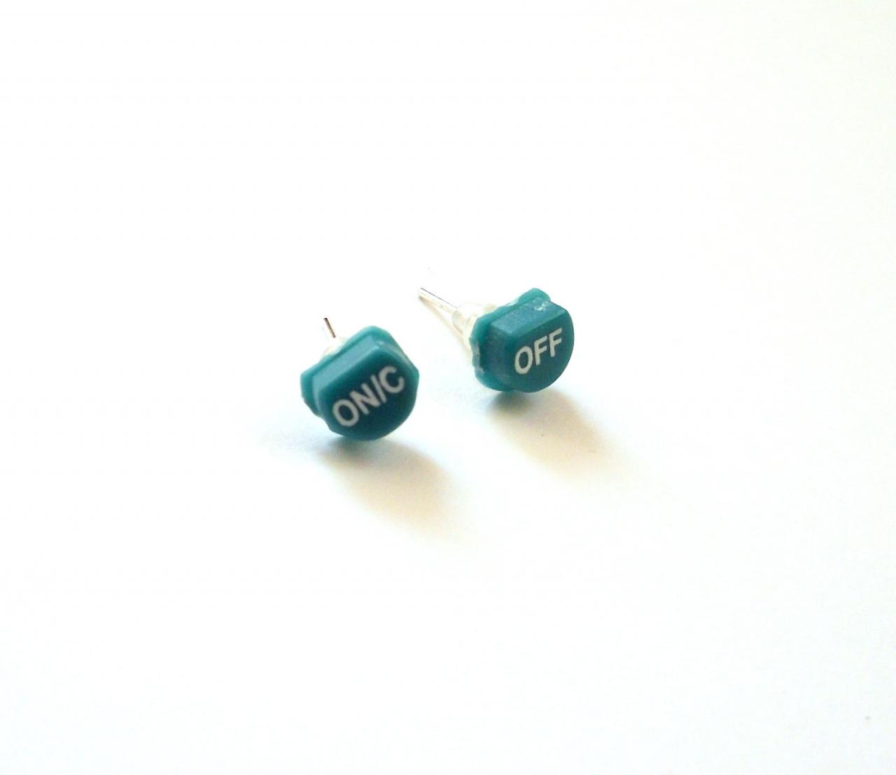 Green Studs Made Of Repurposed Calculator Buttons On Off Geek Earrings Minimalist Tech Nerd Jewelry Upcycled Recycled