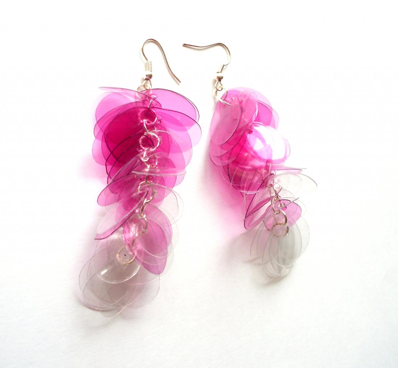 Long Earrings In Pink Ombre Handmade Of Recycled Plastic Bottles Repurposed Sustainable Eco Friendly Jewelry