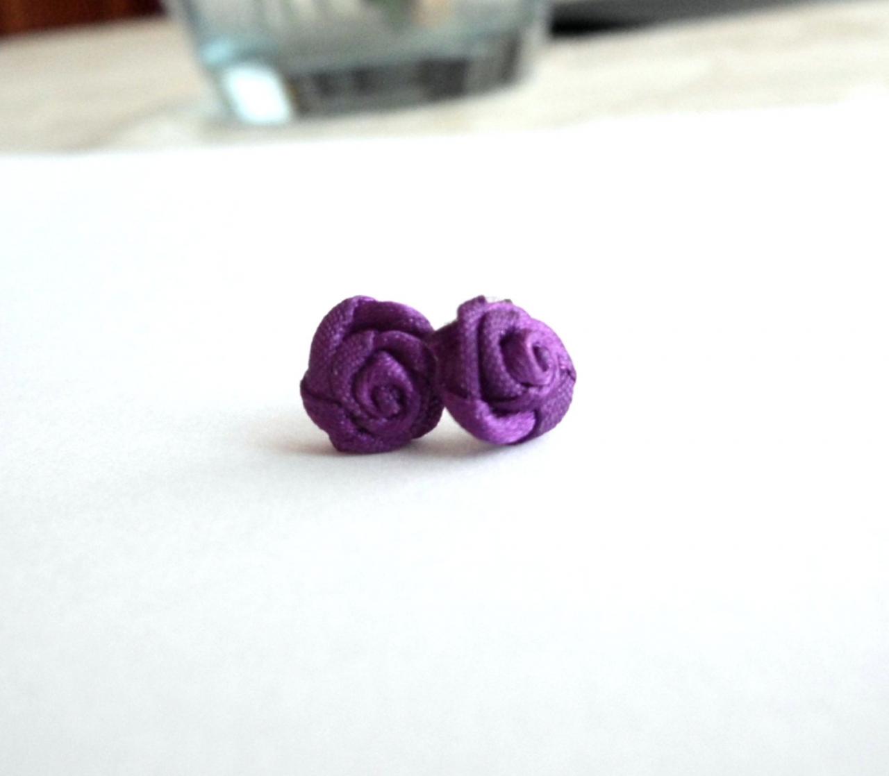 Violet Earrings Made Of Repurposed Applique Flowers, Textile Jewelry, Purple Rose Earrings, Recycled Fabric Studs
