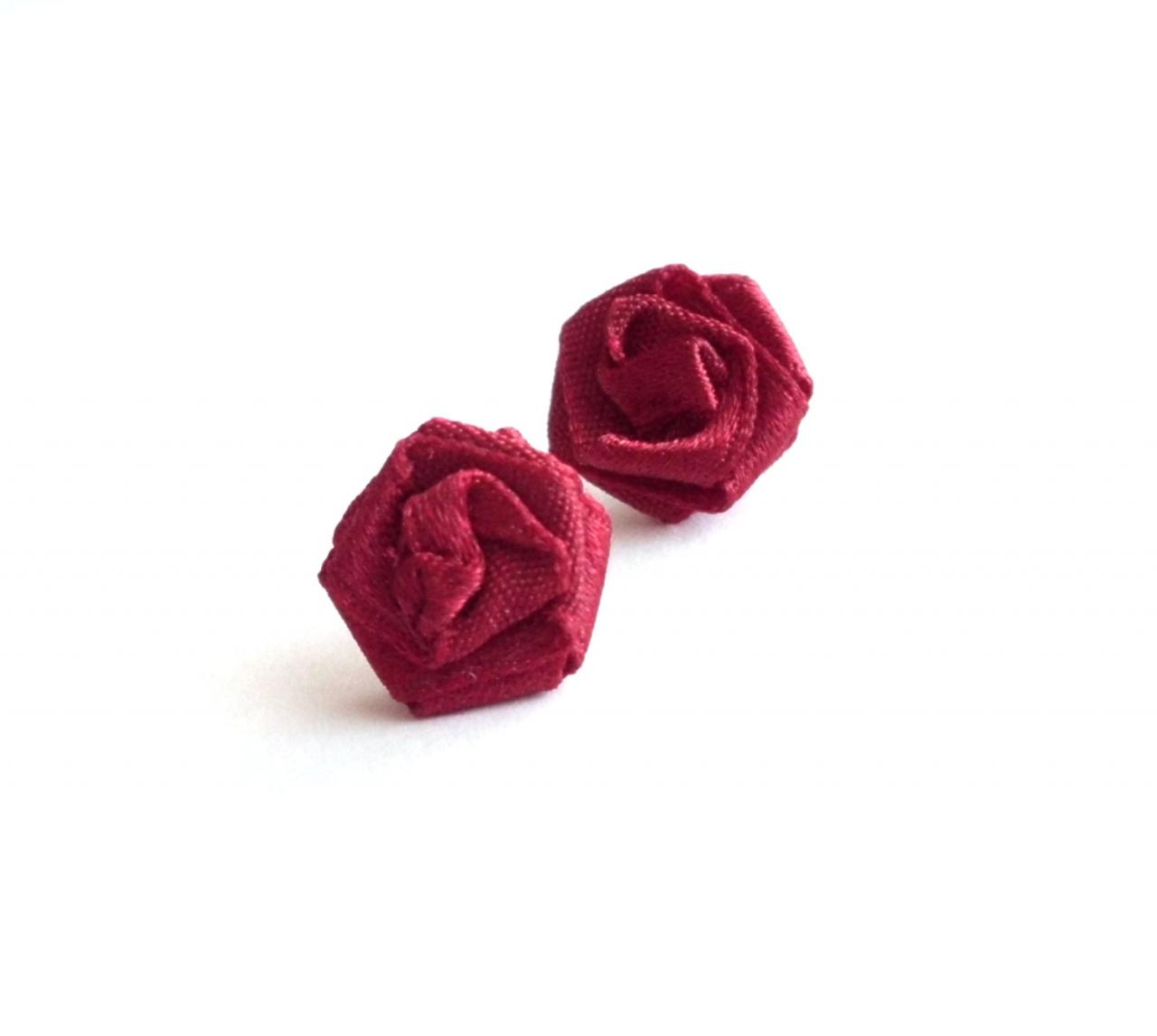 Red Rose Stud Earrings Recycled Fabric Textile Jewellery Repurposed Cloth Applique Flowers Scarlet Ear Studs Upcycled Jewelry
