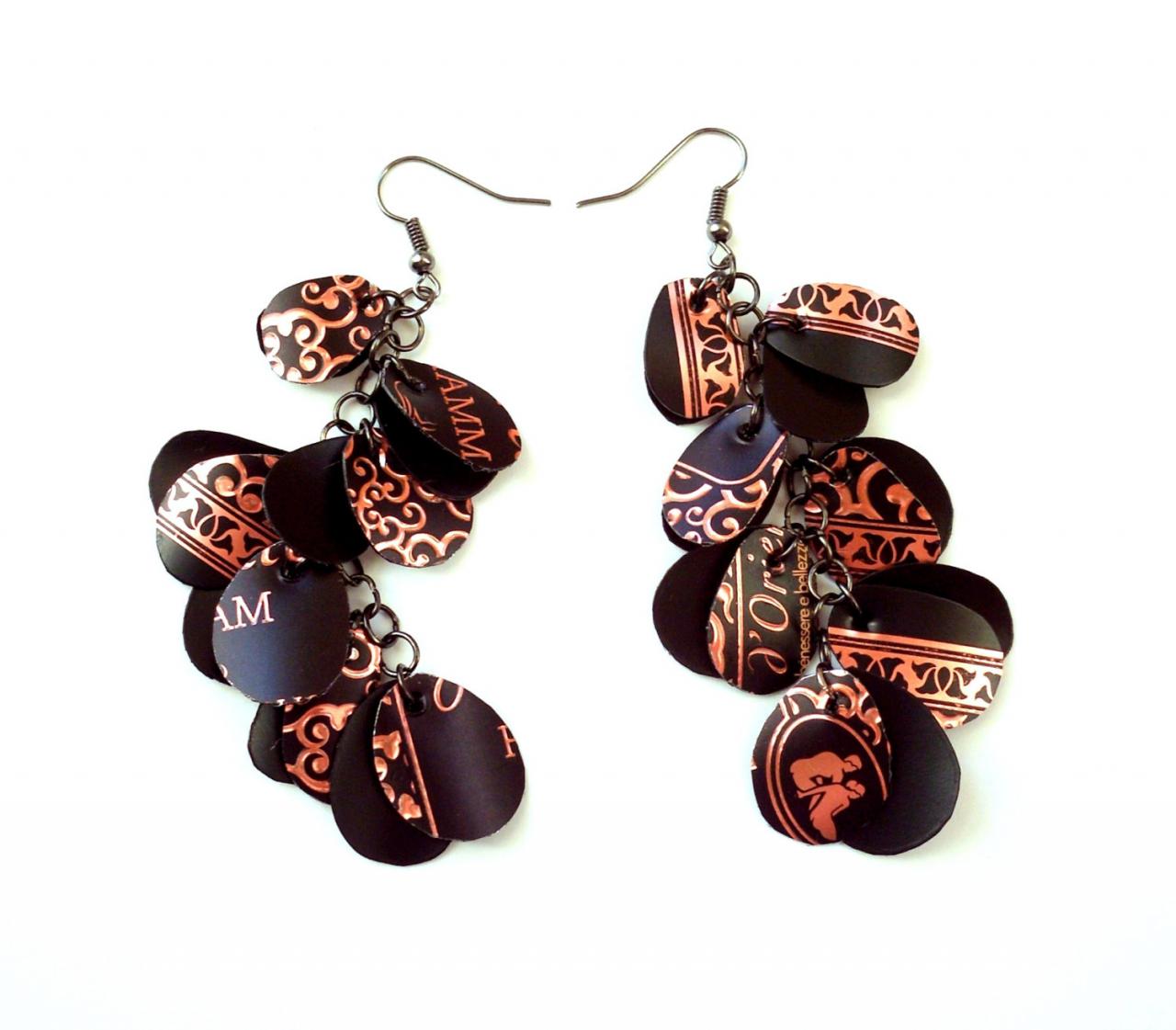Very Long Black Earrings Made From Recycled Bottle, Friendly Plastic Eco Jewelry, Ethnic Upcycled Earrings In Tribal Style