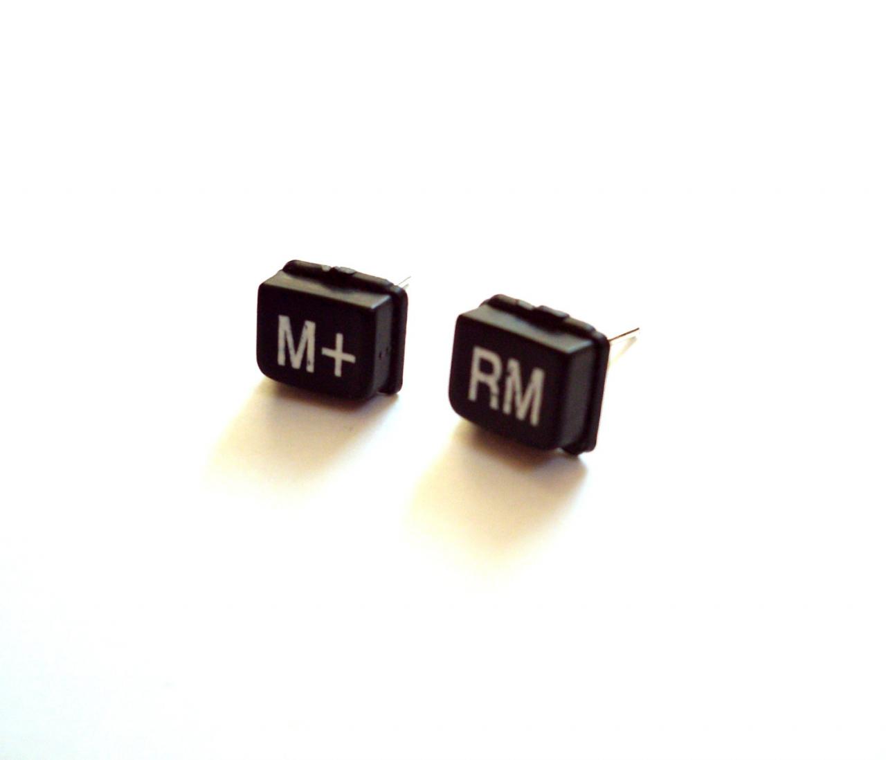 Science Jewelry Black Ear Studs Made Of Repurposed Calculator Keys M+ Rm Upcycled Jewelry Geek Earrings Recycled Techie Nerd Jewelry