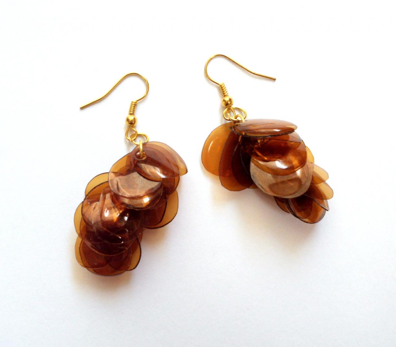 Upcycled Jewelry Brown Earrings Handmade Of Recycled Plastic Bottle, Amber Dangle Earrings On Golden Hooks, Eco Friendly Recycled Jewelry