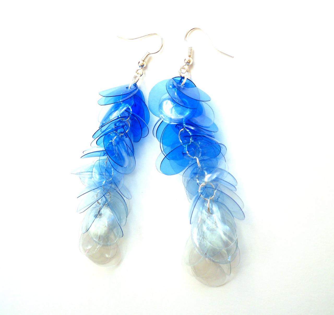 Ombre Earrings Made Of Plastic Bottles Upcycled Jewelry Long Blue Earrings Recycled Jewelry Ombre Blue Very Long Earrings