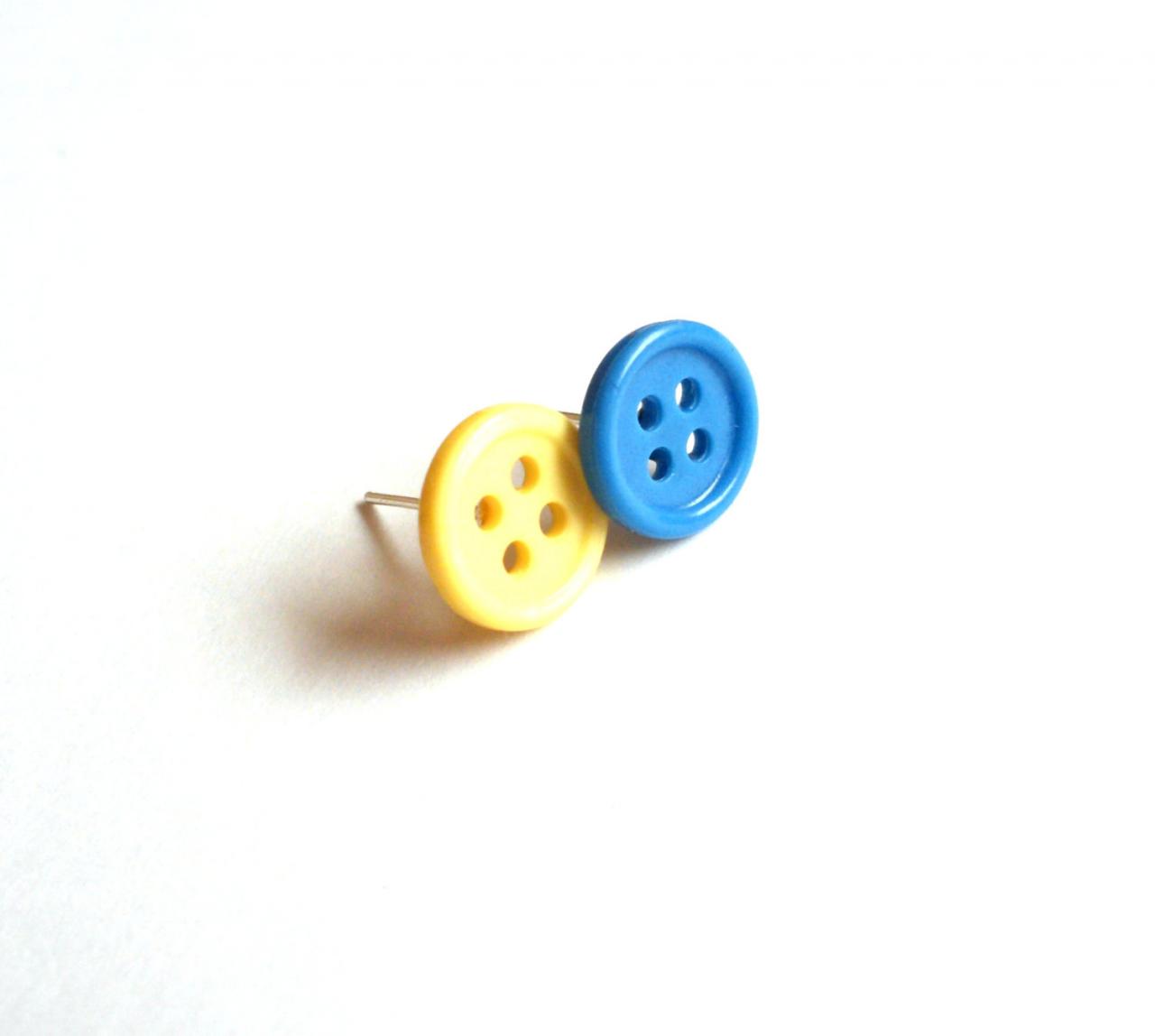 Buttons Post Earrings Yellow Blue Handmade Of Repurposed Vintage Buttons - Ecofriendly, Upcycled Jewelry, Recycled, Modern, Minimalist